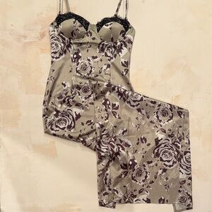 Floral Satin Chemise with Black Lace